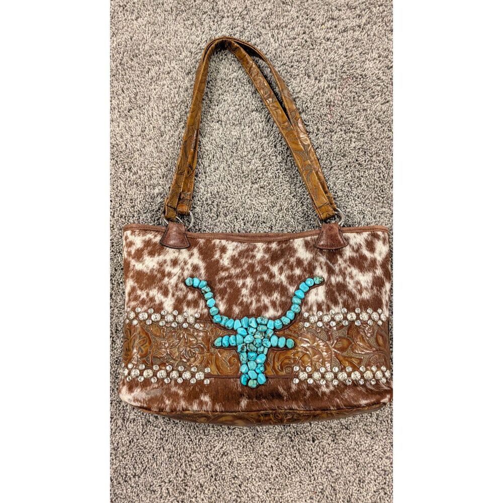 Kurtmen Design Cowhide Leather Western Turquoise Longhorn Rhinestone Purse